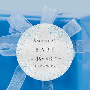 Baby shower Boy Zilverblauw glitter Ronde Sticker