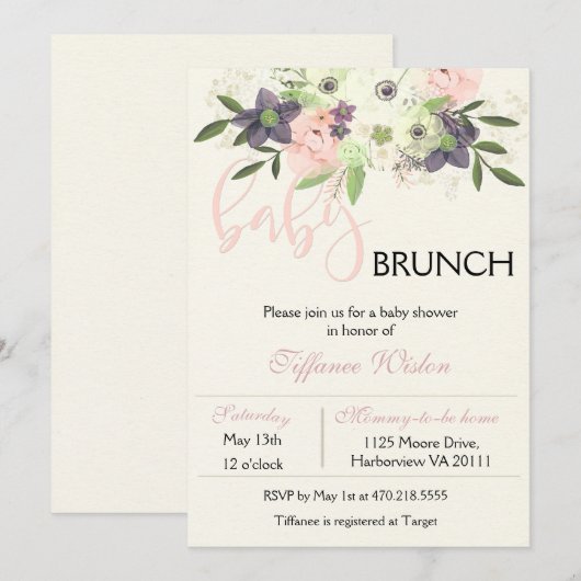 Baby shower Brunch Invitation Floral Rose Girl (Devant / Derrière)