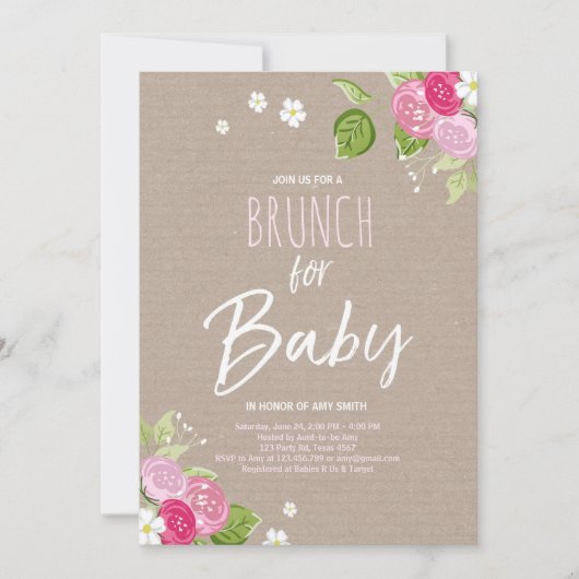 Baby shower brunch invitation Floral Rustic Pink (Devant)