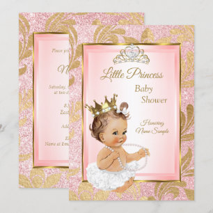 Baby shower Brunette Pink Glitter Gold Princess Kaart