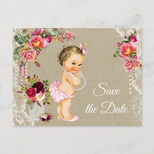 Baby shower Burlap Lace Enregistrer la date Cartes (Devant)