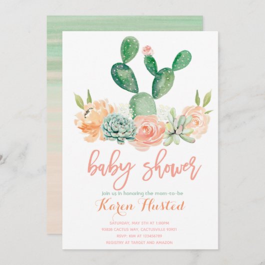 Baby shower Cactus invitation succulent (Devant / Derrière)