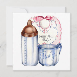 Baby shower carré invitation bib, bouteille et tas