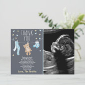 Baby shower Carte de remerciements Teddy Bear Bleu (Debout devant)