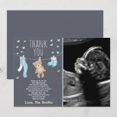 Baby shower Carte de remerciements Teddy Bear Bleu (Devant / Derrière)