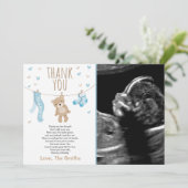 Baby shower Carte de remerciements Teddy Bear Bleu (Debout devant)