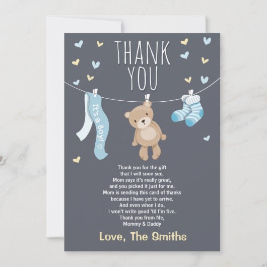 Baby shower Carte de remerciements Teddy Bear bleu (Devant)