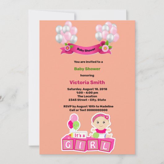 Baby shower C'est une fille ballons Invitation (Devant)