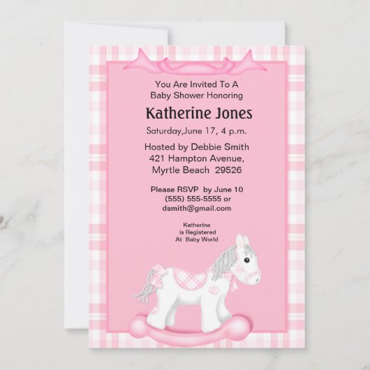 Baby shower Cheval Rose Cute Invitation (Devant)