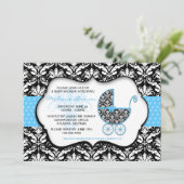 Baby shower Chic Blue Polka Dot Damask Invitation (Debout devant)