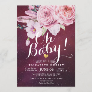 Baby shower Chic Boho Floral Feathers Burgundy Red Kaart