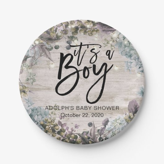 Baby shower Chic Floral String Lights Rustic Wood Papieren Bordje (Voorkant)