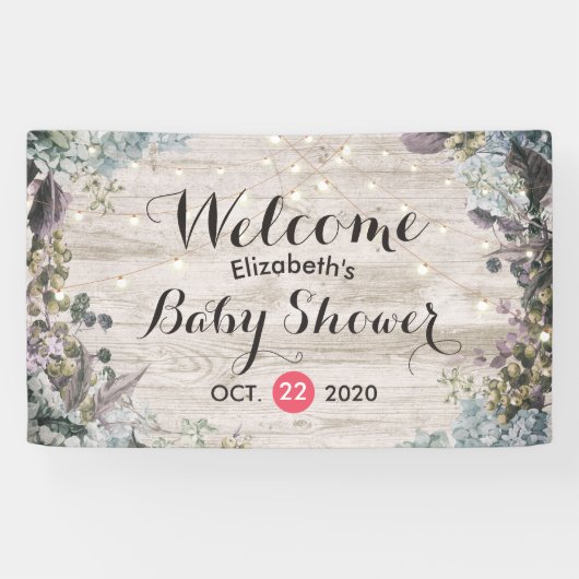 Baby shower Chic Floral String Lights Rustic Wood Spandoek (Horizontaal)