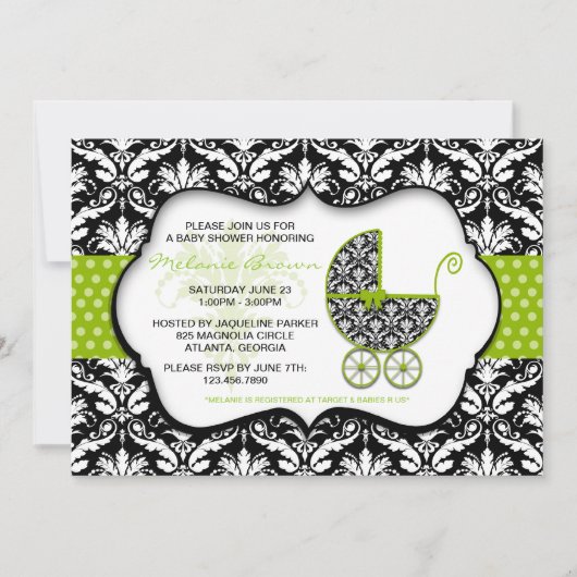 Baby shower Chic Green Polka Dot Damask Invitation (Devant)