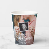 Baby shower Chic Modern Script Typografie 2 Foto Papieren Bekers (Voorkant)