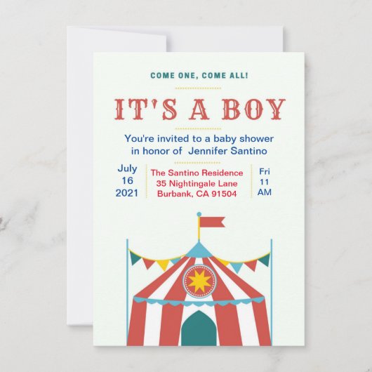 Baby shower circus uitnodiging (Voorkant)