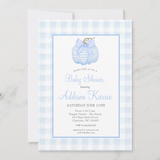 Baby shower Citrouille bleu En vichy Invitation (Devant)