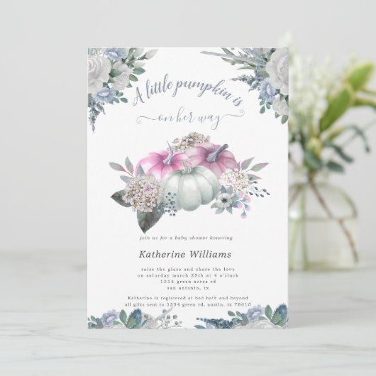 baby shower citrouille bleu hydrangea invitation (Debout devant)