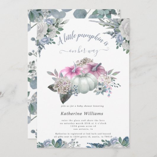 baby shower citrouille bleu hydrangea invitation (Devant / Derrière)