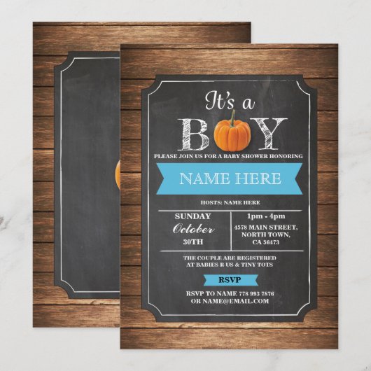 Baby shower citrouille C'est un Invitation bleu Bo (Devant / Derrière)