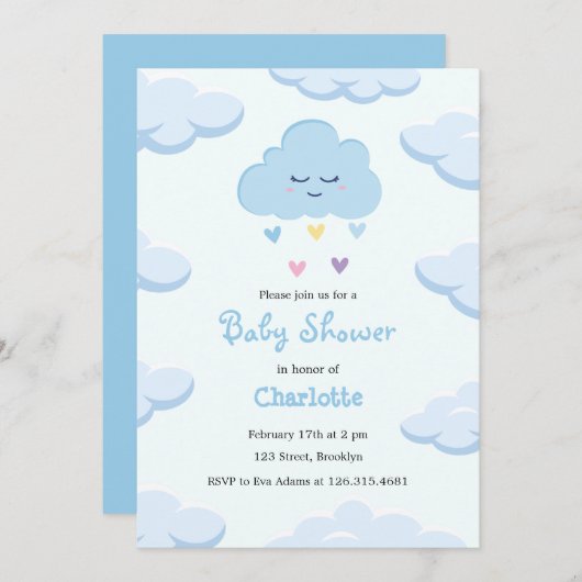 Baby shower Cloud bleu clair simple Invitation (Devant / Derrière)