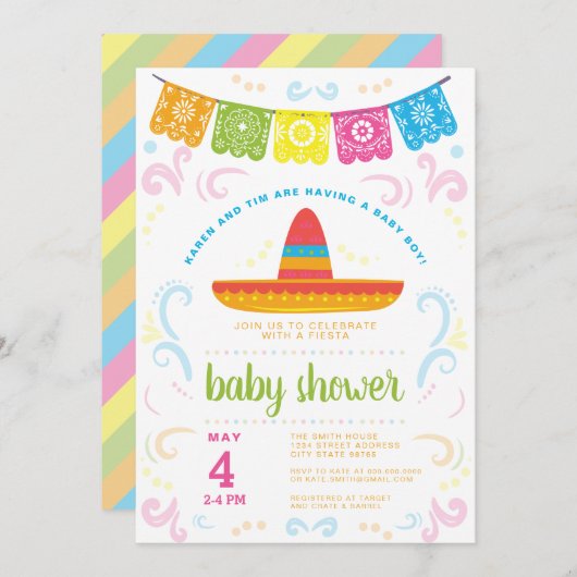 Baby shower coloré Mai invitation FIESTA (Devant / Derrière)