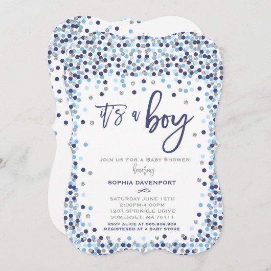 Baby shower Confetti Invitation Bleu Et Argent (Devant / Derrière)