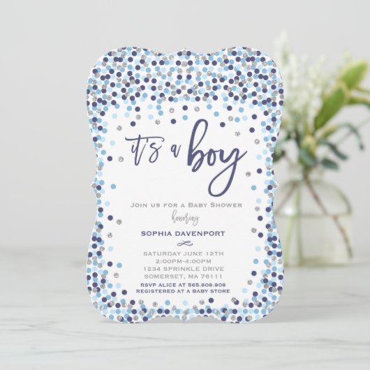 baby shower Confetti Invitation Blue en Silver Kaart (Staand voorkant)