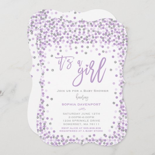 Baby shower Confetti Invitation Lavande & Argent (Devant / Derrière)
