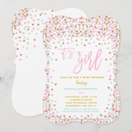Baby shower Confetti Invitation Monnaie Rose Et Or (Devant / Derrière)