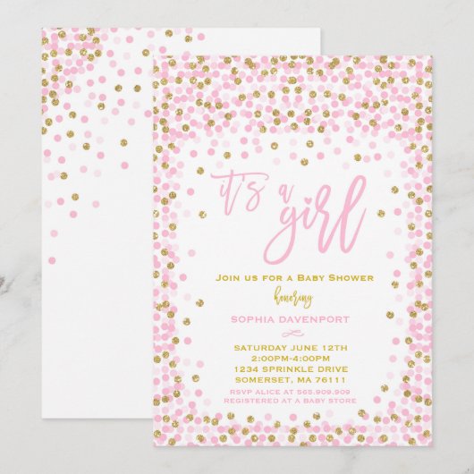 Baby shower Confetti Invitation Pink And Gold Girl (Devant / Derrière)