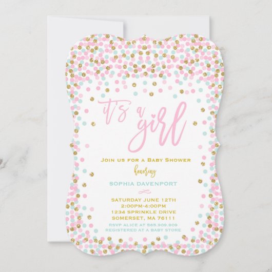 baby shower Confetti Invitation roze Munt and Gold Kaart (Voorkant)
