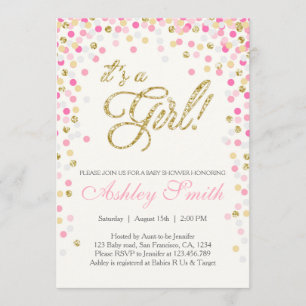 Baby shower Confetti Roze Gouden Glitteruitnodigin Kaart