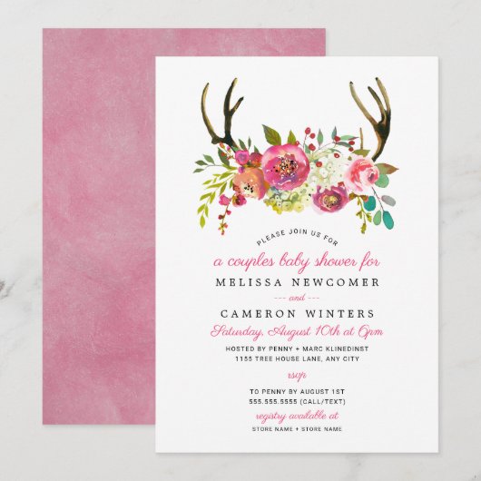 Baby shower couple, bois rose fleuri invitations (Devant / Derrière)