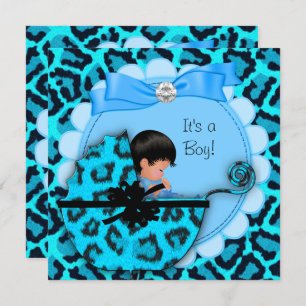 Baby shower Cute Baby Blue Leopard Pram Kaart