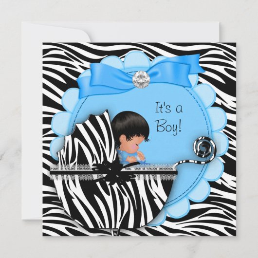 Baby shower Cute Baby Blue Zebra Pram Kaart (Voorkant)