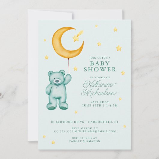BABY SHOWER | Cute Waterverf Beer Moon Kaart (Voorkant)