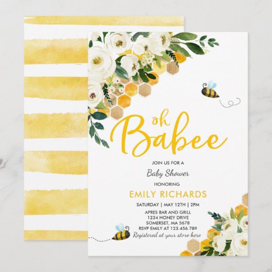 Baby shower d'abeilles Invitation Floral Babee Dou (Devant / Derrière)