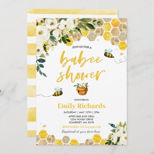 Baby shower d'abeilles Invitation Floral Babee Dou (Devant / Derrière)