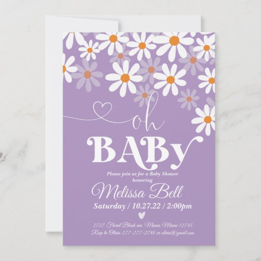Baby shower Daisy Invitation Purpl Boho Retro Dais (Devant)