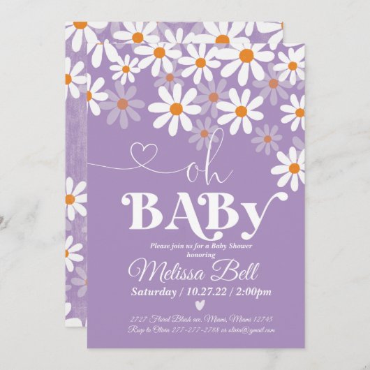 Baby shower Daisy Invitation Purpl Boho Retro Dais (Devant / Derrière)