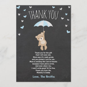Baby shower Dank je kaart Teddy Bear Blue Cub Boy