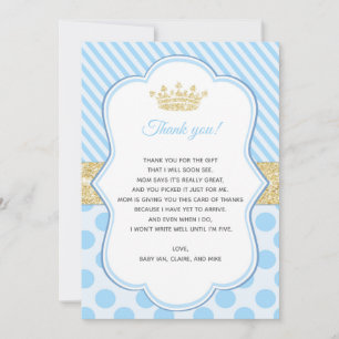 baby shower Dank je wel Opmerking Prins Blue Gold Bedankkaart