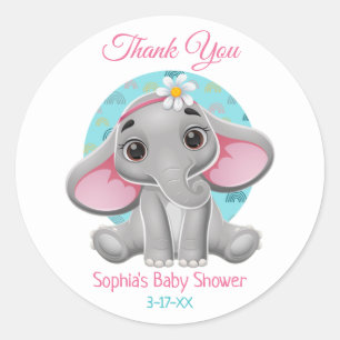 Baby shower Dank u Cute Elephant DIY Name, Info Ronde Sticker