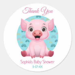 Baby shower Dank u, Cute Pig, DIY Name & Info Ronde Sticker