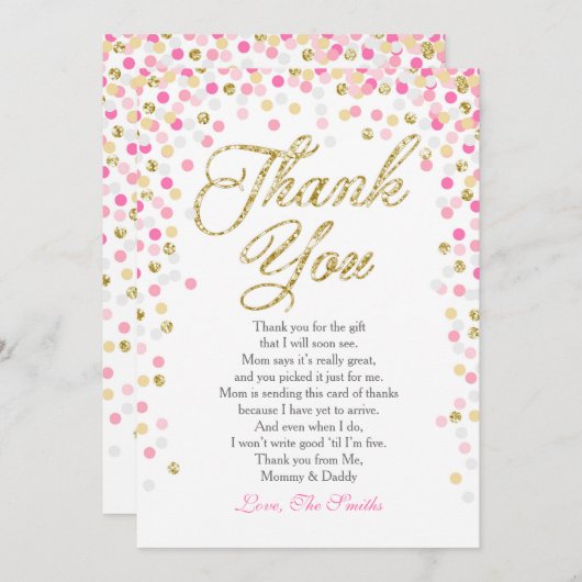 Baby shower Dank u Kaart Confetti Goud roze meisje (Voorkant / Achterkant)