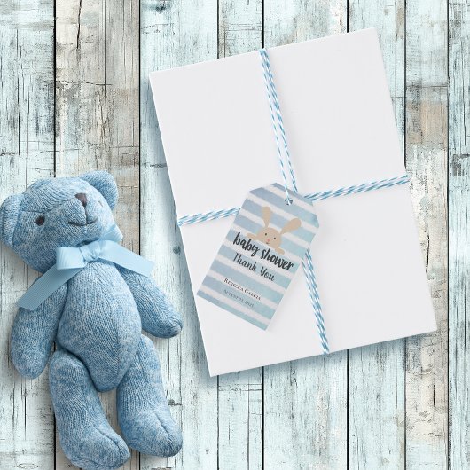 Baby shower Dank u konijnenblauw witte streep Cadeaulabel