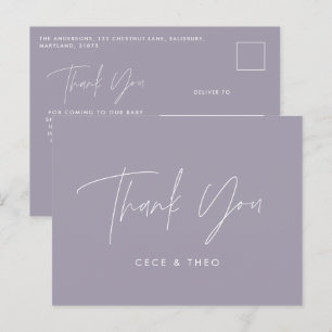 Baby shower dank u lila paarse elegant modern briefkaart