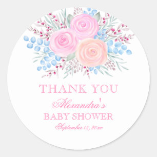 Baby shower Dank u Waterverf Bouquet Roze Ronde Sticker