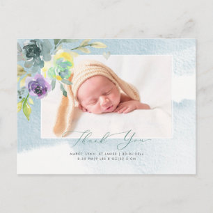 Baby shower Dank u Waterverf Dusty Blue Peony Briefkaart